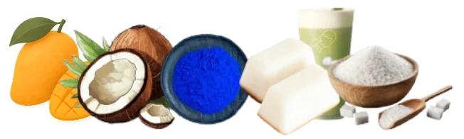 These are fresh ingredients of drink heytea coconut mango blue that offers a good taste with combination of mango, coconut milk, jasmine tea and more. 